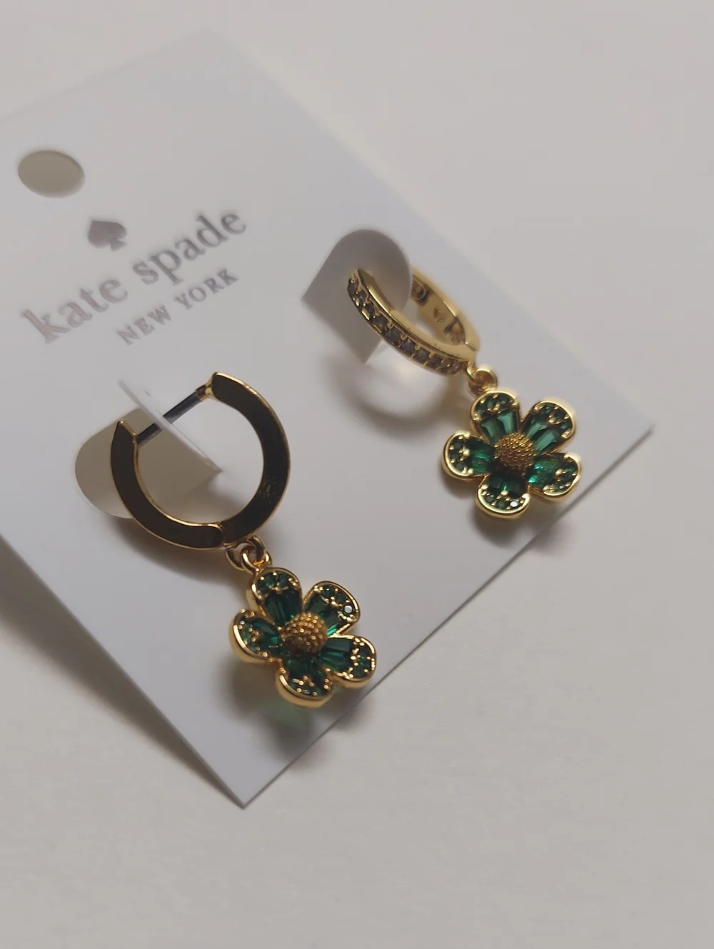 Kate Spade Gold Hoop Earrings with  Green Crystal Flower Charms New